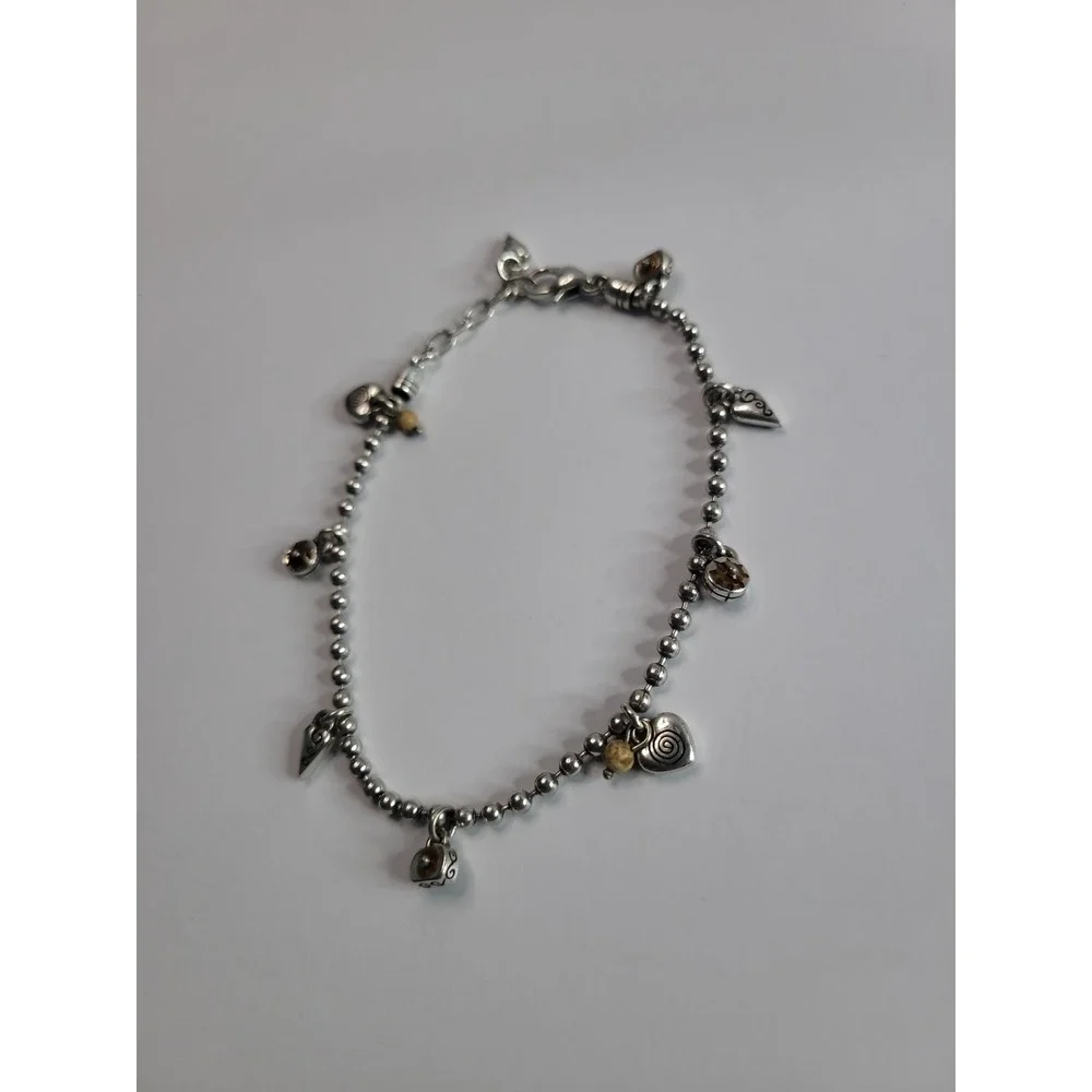 Silver Tone Heart Charm Anklet Brown Bead Boho Adjustable Jewelry